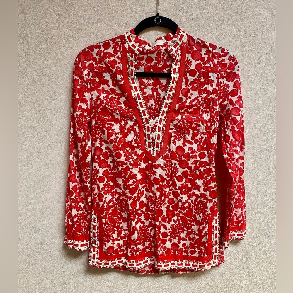 Tory Burch Red Floral Tory Tunic Size 0